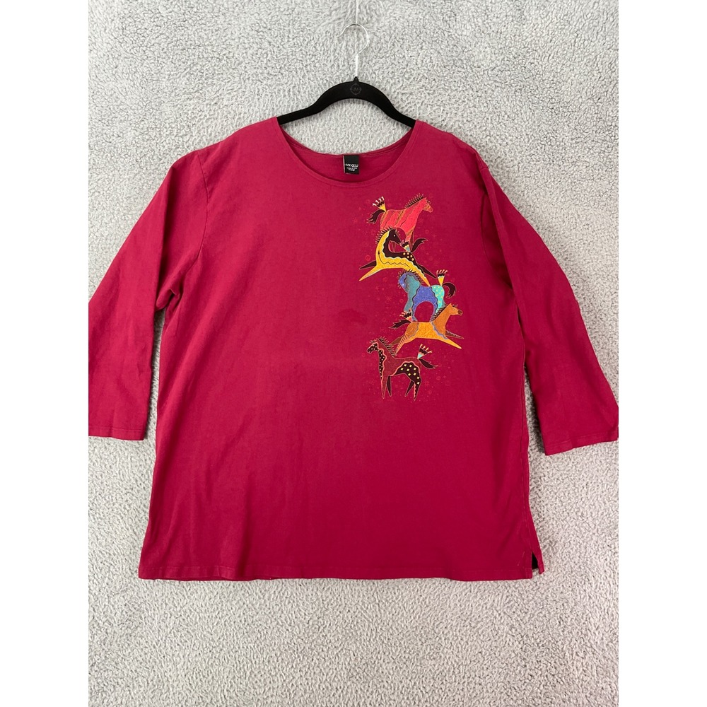 Sabaku Artwear Horse Graphic Top Womens XL Red Good 3/4 Sleeve Cotton Tee